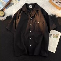 Áo Sơ Mi Tay Ngắn Nam Ice Silk Drape Cổ Cuba Hợp Thời Trang Rời Ruffian Đẹp Trai Áo Khoác Cổ Trắng Inch Áo Sơ Mi Top