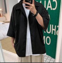 Áo Sơ Mi Tay Ngắn Nam Nữ Form Rộng Sơ Mi Cổ Vest UNISEX Hàn Quốc Vải Lụa Giãn Mềm Mịn Mát - SMV02 - MÀU ĐEN - L