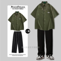 Áo Sơ Mi Tay Ngắn Retro + Quần Đen Nam Phù Hợp Với Màu Trơn