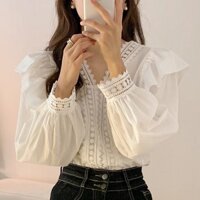 Áo sơ mi tay phồng giản dị rộng rãi viền lá sen cổ chữ V phong cách Pháp Hàn Quốc