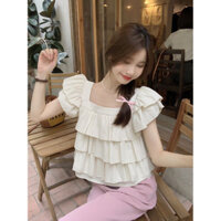 Áo sơ mi tay phồng nhún bèo dành cho nữ, áo sơ mi ngắn dáng suông, dáng rộng ngọt ngào