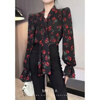 Áo Sơ Mi thắt nơ lụa Satin hoa , sơ mi cao cấp ( B&S ) A4611 ảnh thật size đến 95kg