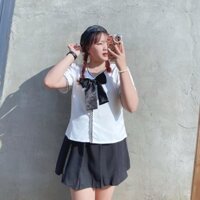 Áo sơ mi The Simple Bigsize nữ tay ngắn viền kết hợp nơ xinh xắn dễ phối phối được nhiều phong cách SM5