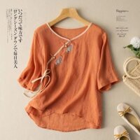 Áo sơ mi thêu nữ phong cách dân tộc, áo rộng rãi hình ếch Trung Quốc