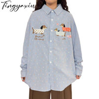 Áo sơ mi thêu xúc xích cổ điển phong cách Nhật Bản