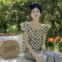 Áo sơ mi thiết kế mùa hè cho phụ nữ, thời trang 2025, phong cách Pháp mới, cổ vuông, chấm bi, tay bồng nhỏ, áo búp bê, áo niche