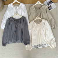 Áo sơ mi thô mềm cổ cột nơ phối vạt thêu hoa nổi phong cách Retro tinh tế hàng QCCC loại 1