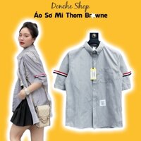 Áo Sơ Mi Thom Browne Ngắn Tay Kẻ Xám Thêu Cờ 2 Tay - Áo Sơ Mi Nam Nữ Thome Chất Cotton Cao Cấp TT020