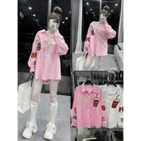 Áo sơ mi thụng dáng rộng chữ hình cốc coffee trắng hồng siêu hot