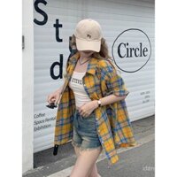 Áo sơ mi thường ngày kẻ caro màu vàng áo sơ mi thích hợp phong cách lười tay ngắn cổ điển bf mùa hè cho nữ thiết kế dáng dài vừa rộng rãi