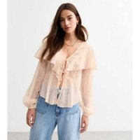 Áo sơ mi tiểu thư Haute Monde VNXK áo sm kiểu viền bèo ruffle công chúa vải voan lưới xuyên thấu sexy xuất khẩu dư xịn