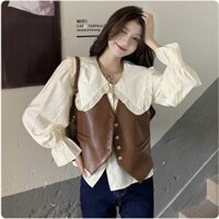 Áo sơ mi tiểu thư phối gile da cá tính - Set đồ tiểu thư thu đông hàng QC chất mềm đẹp