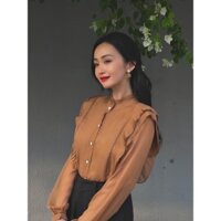 Áo sơ mi tơ tằm bèo dập li cầu vai màu nâu và màu cream HUONG BOUTIQUE SM1031