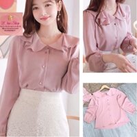 Áo sơ mi tơ thư ký kim cổ sen nhún bèo tay dài  LOTUS SHOP SM0006