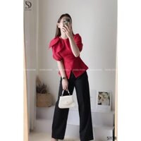 Áo sơ mi tơ xước dáng pelum cổ lá nhọn cộc tay - áo sơ mi công sở nữ 2 lớp 051