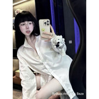 Áo sơ mi trắng cổ đứng kèm gấu xù cài áo dài tay cho nữ