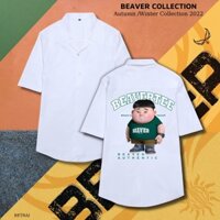 Áo Sơ Mi TRẮNG Hoạ Tiết BEAVER Tay Ngắn Cổ Vest Thời Trang Unisex Vải Lụa Chéo