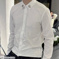 Áo sơ mi trắng nam dài tay vải lụa nến trắng trơn tag logo chữ DG bạc hai bên cổ đơn giản SM127P