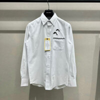 Áo sơ mi trắng nam dài tay phối túi ngực thêu hình cá heo bay vải thô basic cao cấp boy phố SM80P