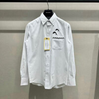 Áo sơ mi trắng nam dài tay phối túi ngực thêu hình cá heo bay vải thô basic cao cấp boy phố SM80P