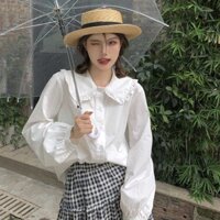 Áo sơ mi trắng nữ dài tay cổ bèo form rộng hàng Qc