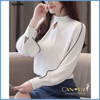 Áo Sơ Mi Trắng Nữ Kiểu Tay Bồng Khoét Giọt Lệ Viền Tay SM186 - Candy Fashion Đẹp