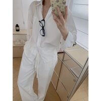 Áo sơ mi trắng nữ tay dài phối ren, áo sơ mi trắng có túi cổ chữ V thời trang nữ