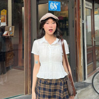 Áo Sơ Mi Trắng Nữ Tay Ngắn Phối Chun Form Dáng Ngắn Croptop Cổ Sen Chiết Eo Mùa Hè Noiree - NA474