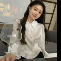 Áo sơ mi trắng nữ vải thô cúc đá, Áo kiểu nữ đẹp dài tay phong cách Hàn Quốc
