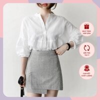 Áo sơ mi trắng tay bồng chân váy chữ A dáng xòe xếp ly WANAWEAR áo nữ tiểu thư set đồ bộ công sở