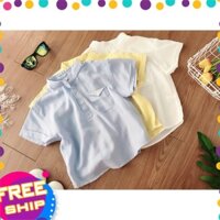 Áo sơ mi trẻ em 2-8 tuổi cộc tay cổ tàu túi ngực Tommy, Sơ mi bé trai vải đũi nhẹ mát