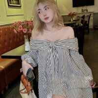 Áo Sơ Mi Trễ Vai Kẻ Sọc Chất Đũi Xốp Phối Nơ Ngực Dài Tay  Dáng Babydoll Style Tiểu Thư Nhẹ Nhàng Dễ Thương Siêu Hot
