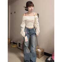 Áo sơ mi trễ vai mẫu ngắn hot girl trắng ngọt ngào áo hai chiếc áo lót ca rô đỏ kết hợp Mùa Xuân Đầu 2025 cho nữ sành điệu