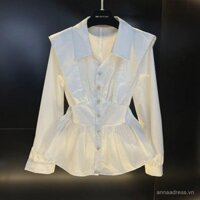 Áo Sơ Mi Trơn Áo sơ mi dài tay áo sơ mi dài tay rộng rãi khâu Áo sơ mi phong cách Hàn Quốc lá sen tôn dáng gầy chít eo đính hạt sành điệu