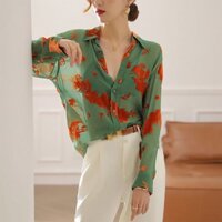 Áo sơ mi trong suốt màu xanh lá Áo sơ mi voan Jacquard thích hợp thiết kế cho nữ áo chống nắng lụa lạnh mẫu mỏng mùa hè mát mẻ