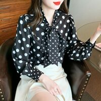 Áo Sơ Mi trung niên nữ HT official, Áo Sơ Mi Nữ Đẹp Tay Dài Cổ Chấm Bi Bé Thắt Nơ Chất Lụa Cao Cấp