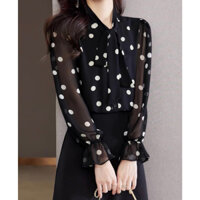 Áo Sơ Mi trung niên nữ HT Store_Áo Sơ Mi Nữ Chấm Bi To Tay Dài Cổ Nơ