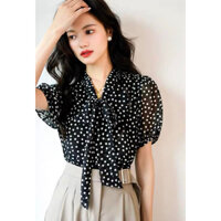 Áo Sơ Mi trung niên nữ HT official,Áo Sơ Mi Nữ Chấm Bi Cổ Nơ Dài Tay Lửng