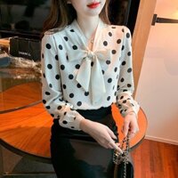 Áo Sơ Mi trung niên nữ HT store, Áo Sơ Mi Nữ Đẹp Chấm Bi To Tay Dài Cổ Thắt Nơ Trơn Trẻ Trung Thanh Lịch