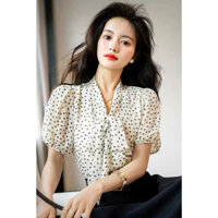 Áo Sơ Mi trung niên nữ U30 U40 U50,Áo Sơ Mi Nữ Chấm Bi Cổ Nơ Dài Tay Lửng HT_ Thời Trang Trung Niên