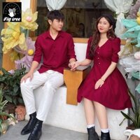 Áo Sơ Mi Váy Đôi Fig Tree Màu Đỏ Đô Đón Noel -Tết Rực Rỡ Ấp Áp for Couple