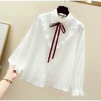 Áo sơ mi viền ren kiểu mới cách điệu nơ nâu xinh