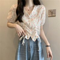Áo sơ mi voan Áo Sơ Mi Nữ Mẫu Mới Mùa Hè Kiểu Pháp hoa nhỏ mẫu mỏng dễ phối dây rút xếp ly rộng rãi mẫu ngắn