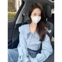 Áo Sơ Mi Voan Cổ Búp Bê màu xanh cho nữ áo sơ mi họa tiết hoa sen thiết kế đầu xuân cho nữ áo sơ mi kiểu Pháp trẻ trung xinh đẹp nhớ ngựa nhung hạnh phúc JUAH
