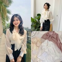 Áo sơ mi voan cổ nơ tay bồng tiểu thư áo voan hai lớp cúc ngọc Quảng Châu siêu xinh