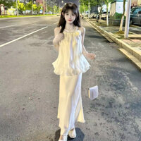 Áo Sơ Mi Voan Cổ Treo Ngọc Trai Hoa Cùng Kiểu Nhanh Tay Áo Váy Ôm Mông Tôn Dáng Cạp Cao Bộ Hai Chiếc