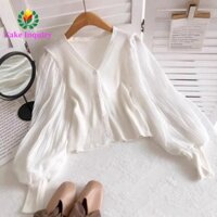 Áo Sơ Mi Voan Dài Tay SAHRAI, Áo Cardigan Tay Phồng Cổ Chữ V Ngọt Ngào, Áo Thời Trang Thanh Lịch Mỏng Dệt Kim Hàng Ngày