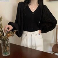 Áo sơ mi voan dài tay RADIANTBEAM, Áo len Cardigan tay phồng cổ chữ V ngọt ngào, Áo sơ mi mỏng thanh lịch dệt kim hàng đầu dành cho nữ