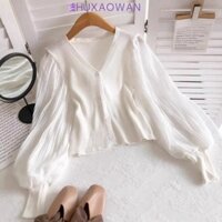 Áo sơ mi voan dài tay ZHUXAOWAN, Áo len Cardigan tay phồng mỏng ngọt ngào, thoáng khí thanh lịch cổ chữ V dệt kim hàng đầu cho nữ mùa xuân thu
