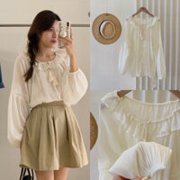 Áo Sơ Mi Voan Hàn Dài Tay Cổ Bèo Dây Chuông Tiểu Thư Phong Cách Hàn Quốc Vintage
